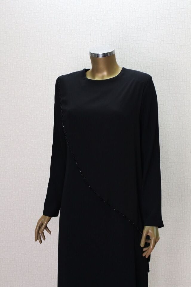 2857 ŞİFON GİYDİRMELİ BONCUKLU RAHAT KALIP ELBİSE QYS ELBİSE #24-023