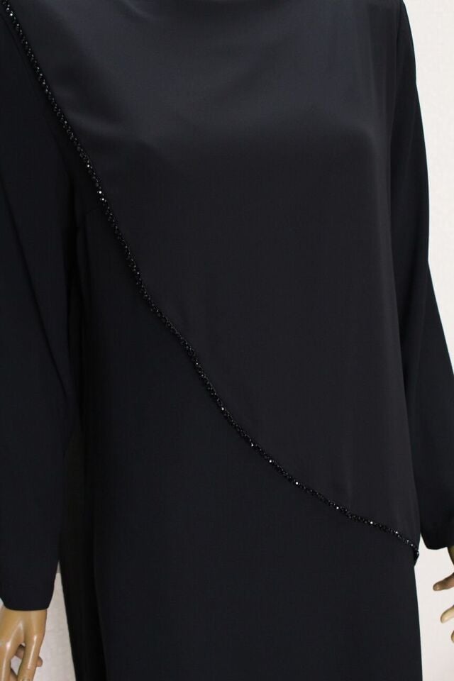 2857 ŞİFON GİYDİRMELİ BONCUKLU RAHAT KALIP ELBİSE QYS ELBİSE #24-023