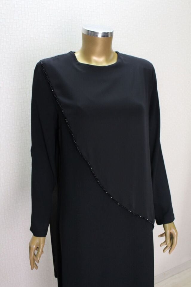 2857 ŞİFON GİYDİRMELİ BONCUKLU RAHAT KALIP ELBİSE QYS ELBİSE #24-023