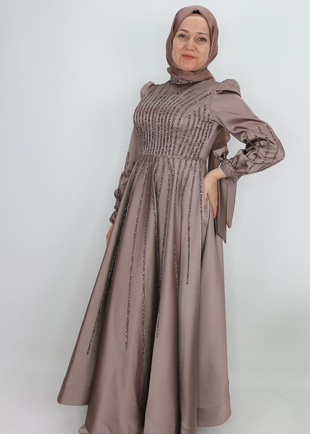 258 KOLLARI YAKASI GÖĞSÜ VE ETEĞİ TAŞLI MİDİ BOY PRENSES MODEL TASARIM ABİYE QYS ABİYE 258 #03-24#