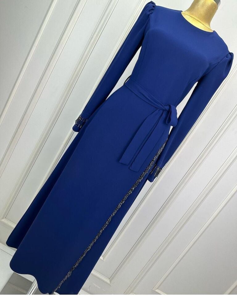 2821 KOL UÇLARI BONCUKLU BELİ BAĞLAMALI YIRMAÇCI BONCUKLU ABİYE ELBİSE QYS ELBİSE 2821 #24-03#