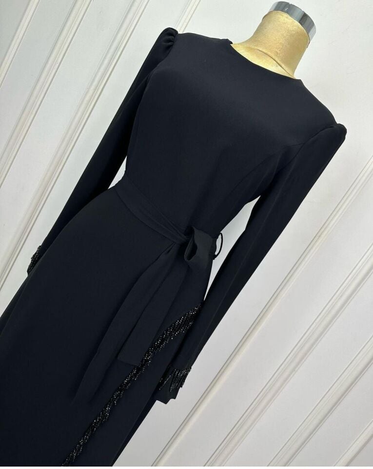 2821 KOL UÇLARI BONCUKLU BELİ BAĞLAMALI YIRMAÇCI BONCUKLU ABİYE ELBİSE QYS ELBİSE 2821 #24-03#