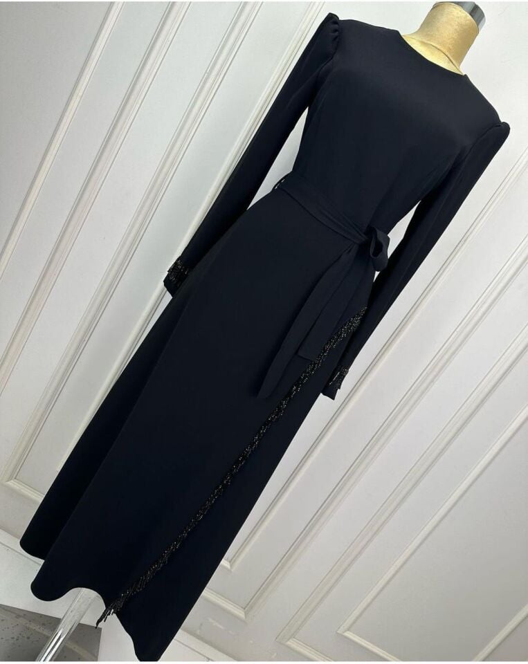 2821 KOL UÇLARI BONCUKLU BELİ BAĞLAMALI YIRMAÇCI BONCUKLU ABİYE ELBİSE QYS ELBİSE 2821 #24-03#