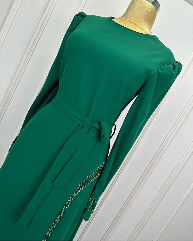 2821 KOL UÇLARI BONCUKLU BELİ BAĞLAMALI YIRMAÇCI BONCUKLU ABİYE ELBİSE QYS ELBİSE 2821 #24-03#