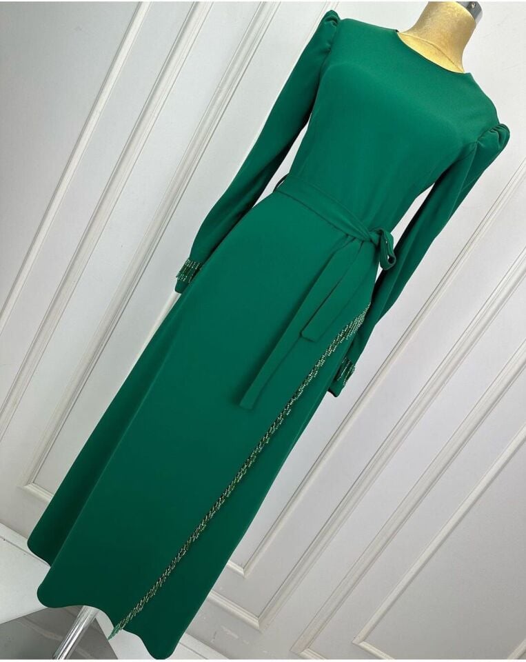 2821 KOL UÇLARI BONCUKLU BELİ BAĞLAMALI YIRMAÇCI BONCUKLU ABİYE ELBİSE QYS ELBİSE 2821 #24-03#