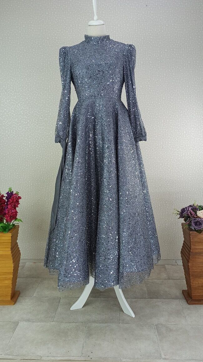 264 ÖNÜ BOYDAN PUL -TAŞ İŞLEMELİ KOL UCU KURDELELİ MİDİ BOY TASARIM ABİYE ELBİSE QYS ABİYE ELBİSE #24-03#♥