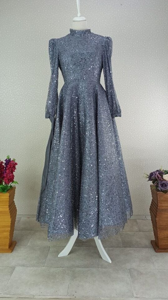 264 ÖNÜ BOYDAN PUL -TAŞ İŞLEMELİ KOL UCU KURDELELİ MİDİ BOY TASARIM ABİYE ELBİSE QYS ABİYE ELBİSE #24-03#♥