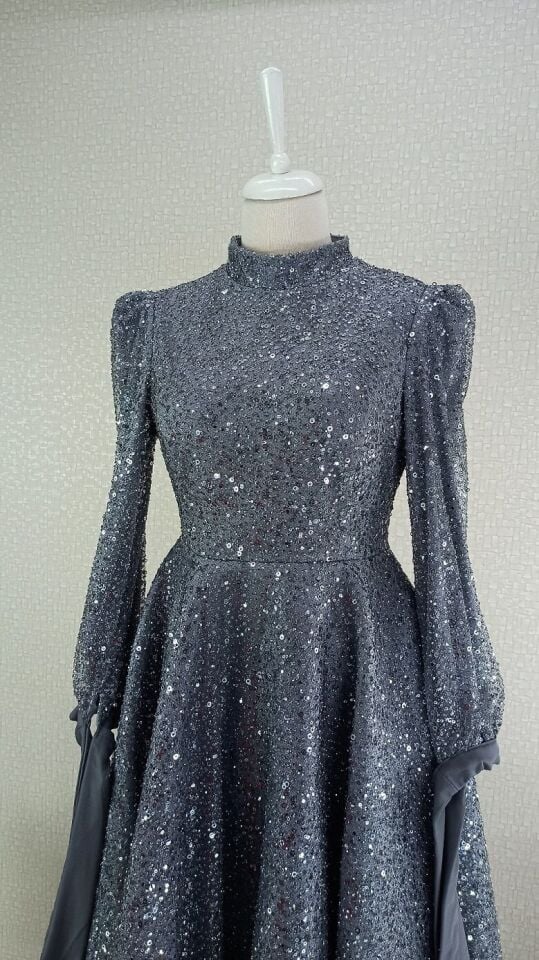 264 ÖNÜ BOYDAN PUL -TAŞ İŞLEMELİ KOL UCU KURDELELİ MİDİ BOY TASARIM ABİYE ELBİSE QYS ABİYE ELBİSE #24-03#♥