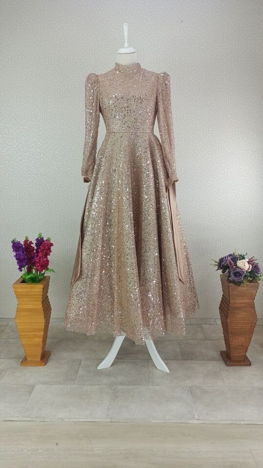 264 ÖNÜ BOYDAN PUL -TAŞ İŞLEMELİ KOL UCU KURDELELİ MİDİ BOY TASARIM ABİYE ELBİSE QYS ABİYE ELBİSE #24-03#♥