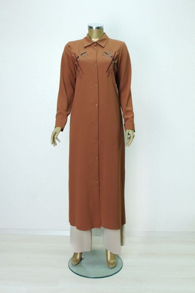 1547 ÖNDEN DÜĞMELİ GÖĞSÜ TAŞ İŞLEMELİ UZUN TUNİK QYS TUNİK #24-03#