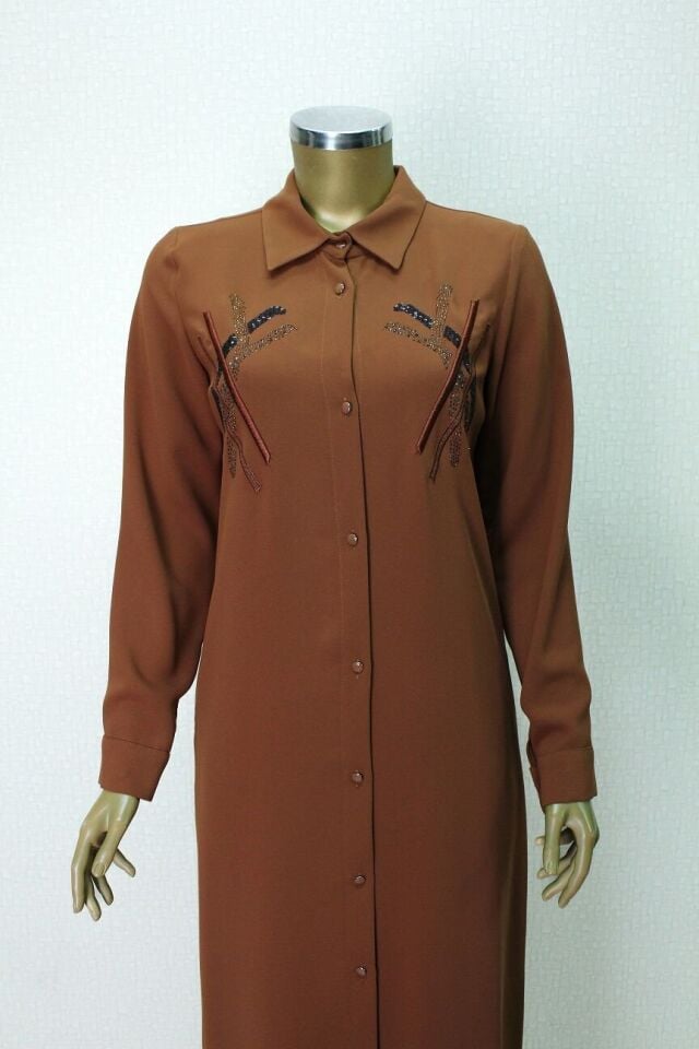 1547 ÖNDEN DÜĞMELİ GÖĞSÜ TAŞ İŞLEMELİ UZUN TUNİK QYS TUNİK #24-03#