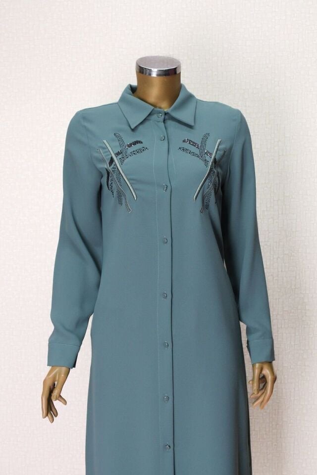 1547 ÖNDEN DÜĞMELİ GÖĞSÜ TAŞ İŞLEMELİ UZUN TUNİK QYS TUNİK #24-03#