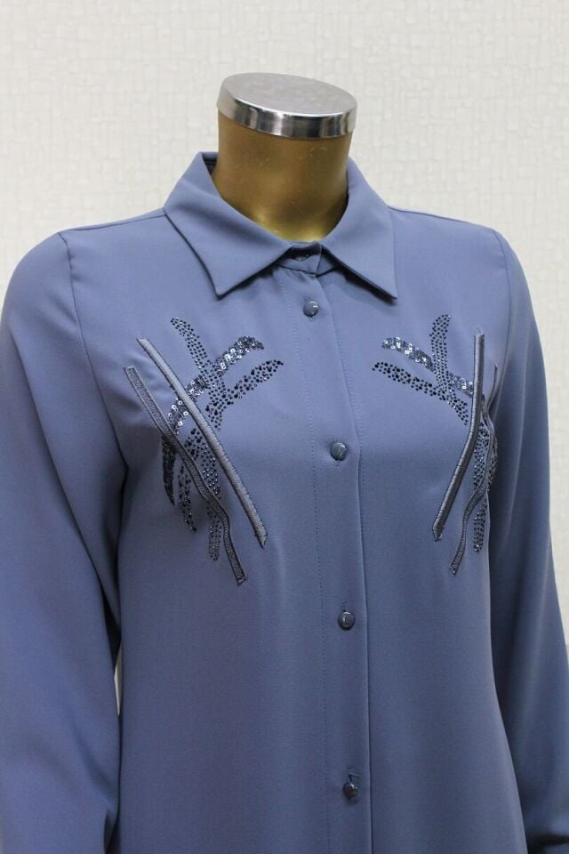 1547 ÖNDEN DÜĞMELİ GÖĞSÜ TAŞ İŞLEMELİ UZUN TUNİK QYS TUNİK #24-03#