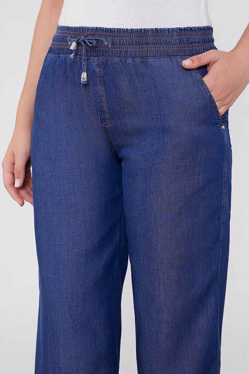 410087 BELİ LASTİKLİ İP DETAYLI ÖNDEN CEPLİ GENİŞ PAÇA TENSEL PANTOLON #03-25# 44 - LACİVERT