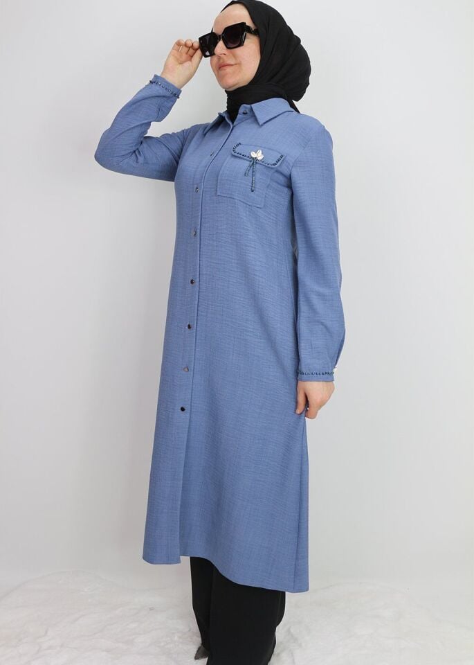 1635 TUNİK ÖNDEN DÜĞMELİ CEP KAPAK VE KOL UCU BONCUK DETAYLI UZUN TUNİK QYS TUNİK #24-03#