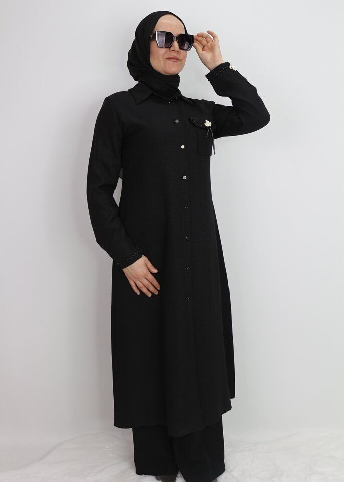 1635 TUNİK ÖNDEN DÜĞMELİ CEP KAPAK VE KOL UCU BONCUK DETAYLI UZUN TUNİK QYS TUNİK #24-03#