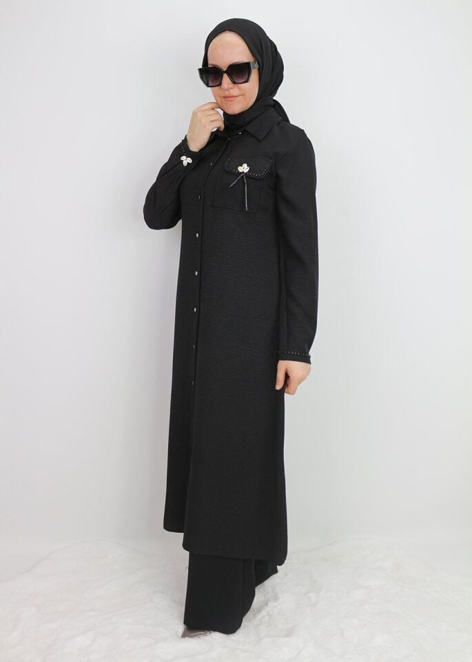 1635 TUNİK ÖNDEN DÜĞMELİ CEP KAPAK VE KOL UCU BONCUK DETAYLI UZUN TUNİK QYS TUNİK #24-03#