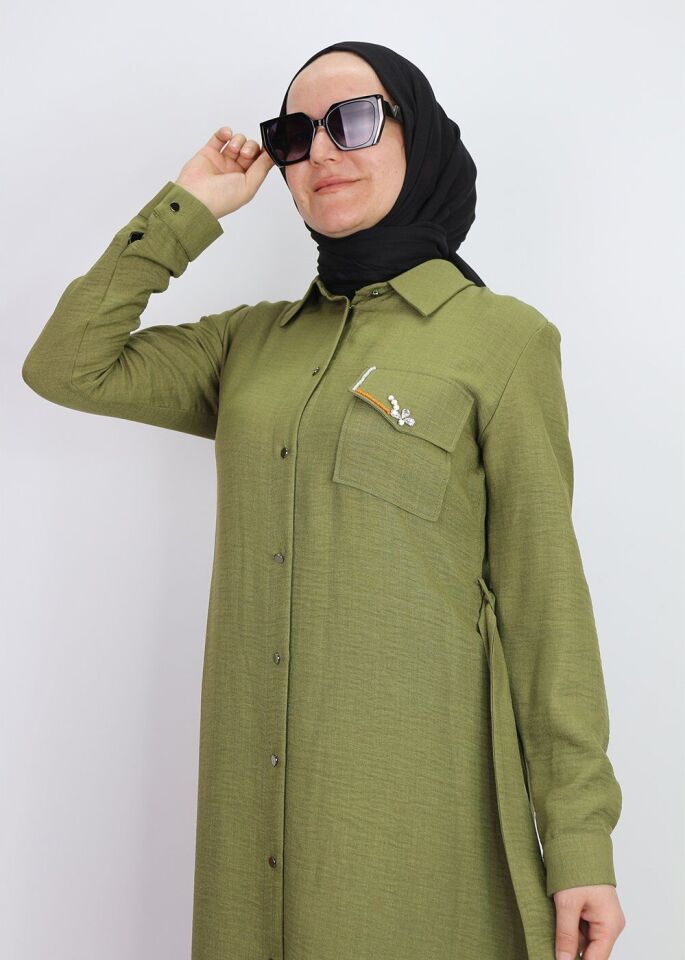 1633 TUNİK ÖNDEN DÜĞMELİ BELİ BAĞLAMALI CEBİ TAŞLI TUNİK QYS TUNİK #247-03#