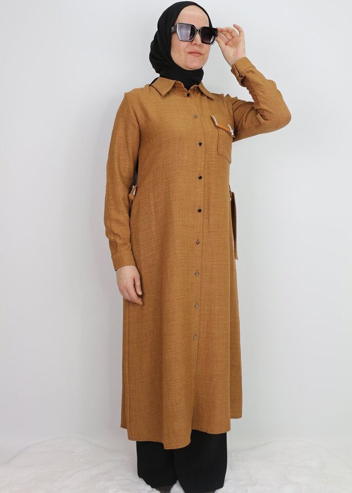 1633 TUNİK ÖNDEN DÜĞMELİ BELİ BAĞLAMALI CEBİ TAŞLI TUNİK QYS TUNİK #247-03#