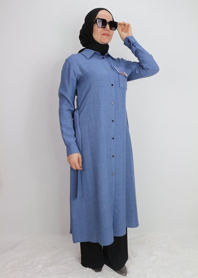 1633 TUNİK ÖNDEN DÜĞMELİ BELİ BAĞLAMALI CEBİ TAŞLI TUNİK QYS TUNİK #247-03#