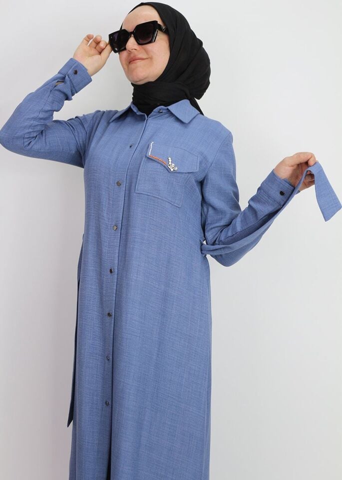 1633 TUNİK ÖNDEN DÜĞMELİ BELİ BAĞLAMALI CEBİ TAŞLI TUNİK QYS TUNİK #247-03#