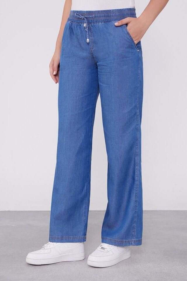 410087 BELİ LASTİKLİ İP DETAYLI YUMUŞAK DOKULU BOL PAÇA PANTALON