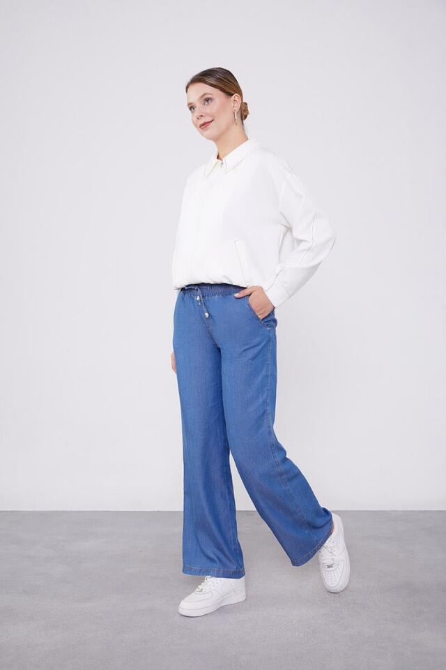 410087 BELİ LASTİKLİ İP DETAYLI YUMUŞAK DOKULU BOL PAÇA PANTALON