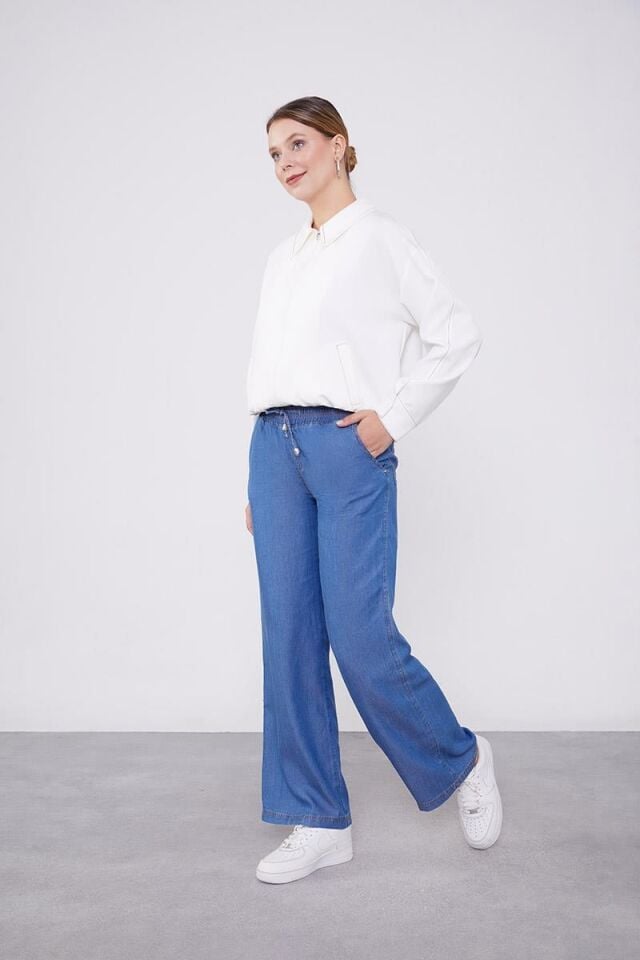 410087 BELİ LASTİKLİ İP DETAYLI YUMUŞAK DOKULU BOL PAÇA PANTALON