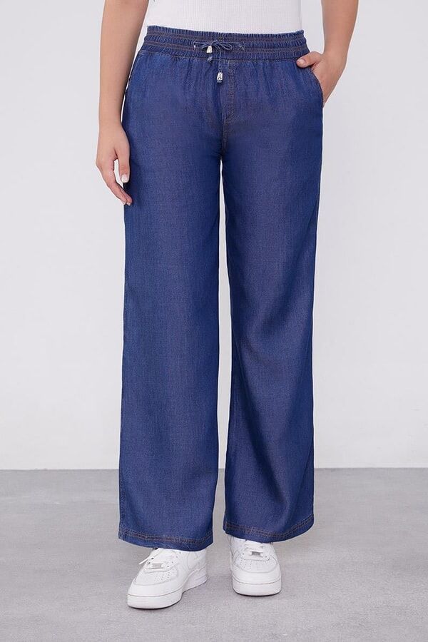 410087 BELİ LASTİKLİ İP DETAYLI YUMUŞAK DOKULU BOL PAÇA PANTALON