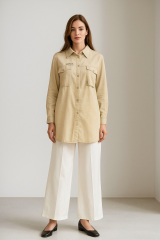 2184 GÖMLEĞİN ÖNÜ DÜĞMELİ KOL UCU MANŞETLİ CEPLİ CEPLERİ TAŞ DETAYLI GÖMLEK TUNİK #09-25#