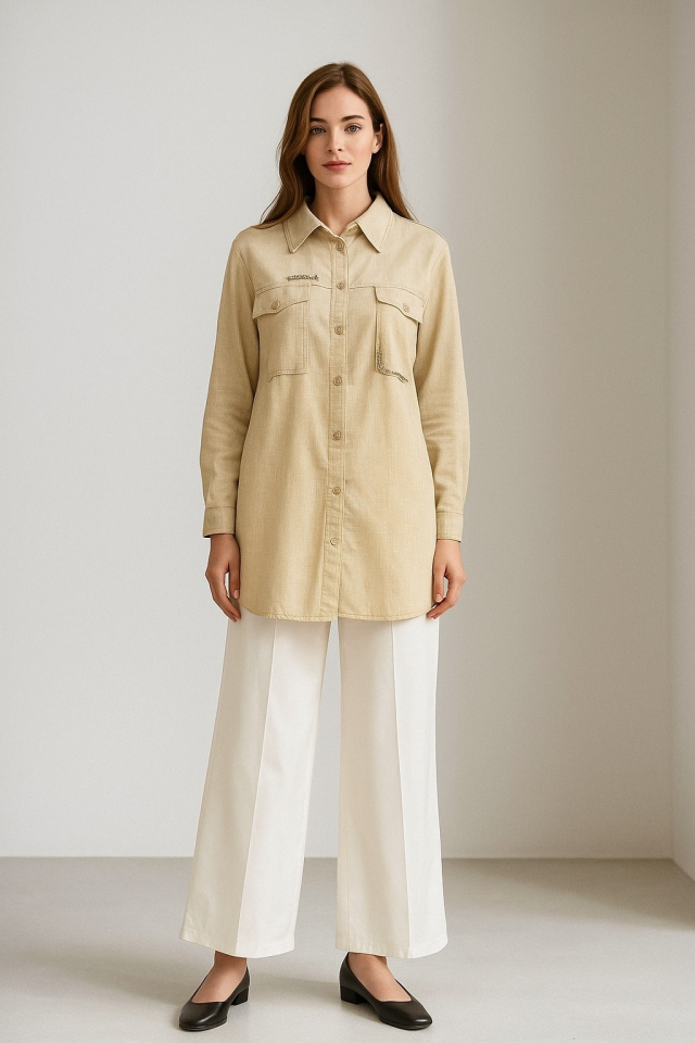 2184 GÖMLEĞİN ÖNÜ DÜĞMELİ KOL UCU MANŞETLİ CEPLİ CEPLERİ TAŞ DETAYLI GÖMLEK TUNİK #09-25#