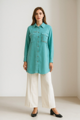 2184 GÖMLEĞİN ÖNÜ DÜĞMELİ KOL UCU MANŞETLİ CEPLİ CEPLERİ TAŞ DETAYLI GÖMLEK TUNİK #09-25#