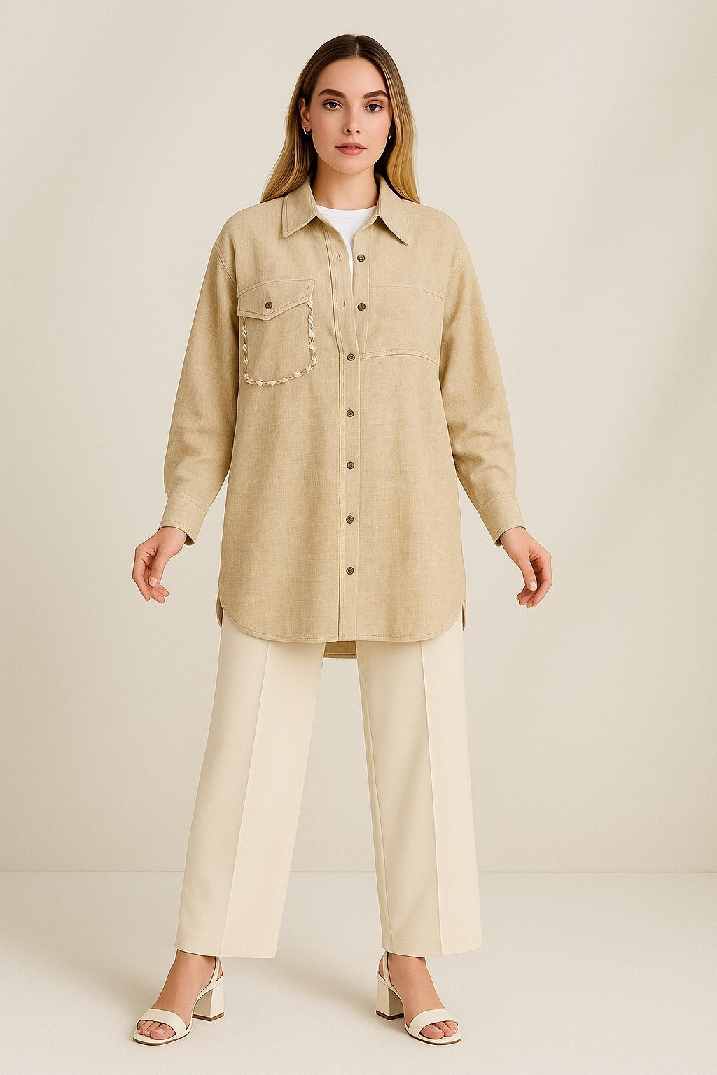 2186 İÇİ SIFIR YAKA SIFIR KOL GÖMLEĞİN ÖNÜ DÜĞMELİ ÖNDEN CEPLİ CEP KISMI BONCUK İŞLEMELİ SPOR KETEN TUNİK #09-25#