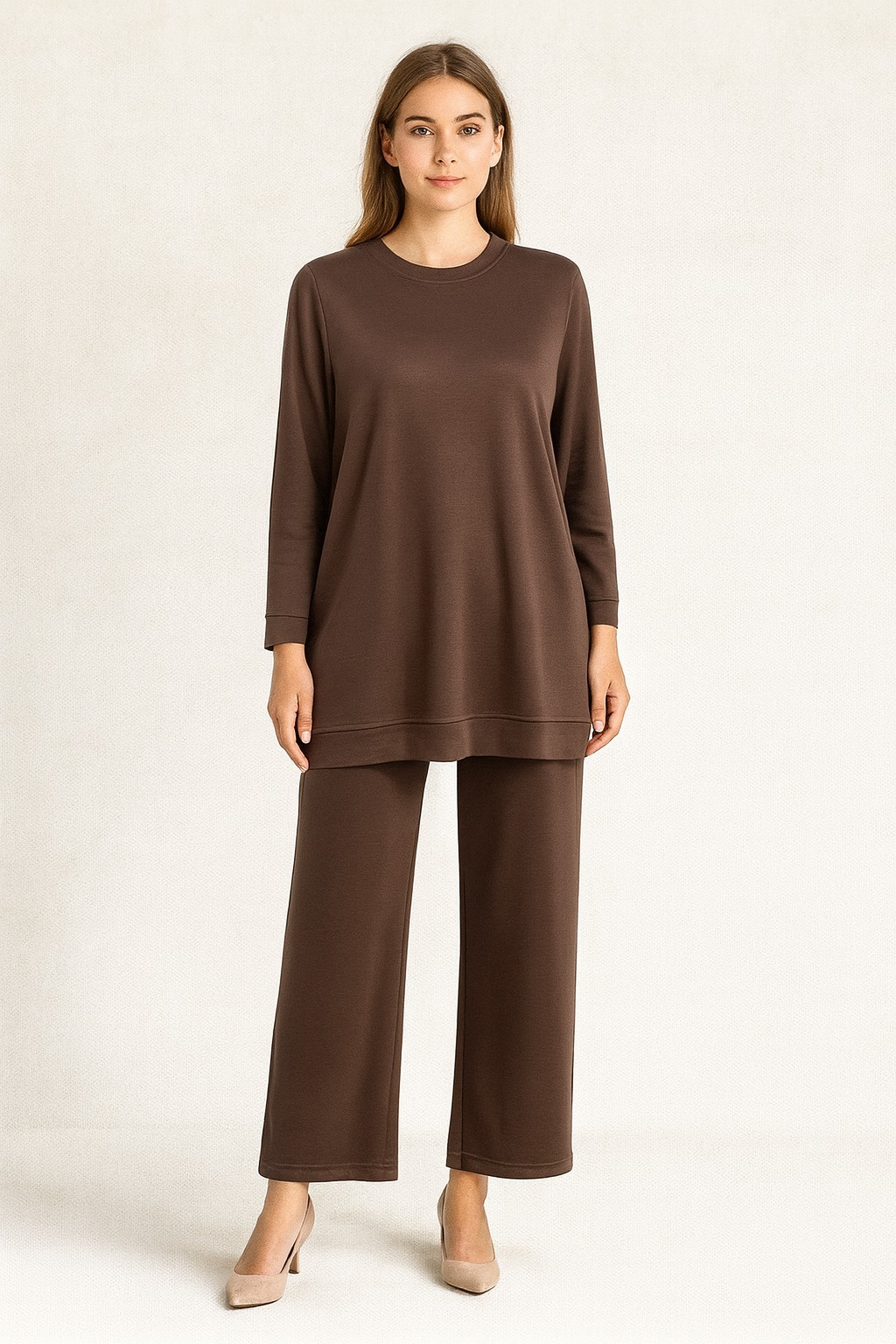 948 İP DETAYLI OYŞO KUMAŞ PANTOLONUN BELİ LASTİKLİ CEPLİ  İKİLİ TAKIM #10-25#