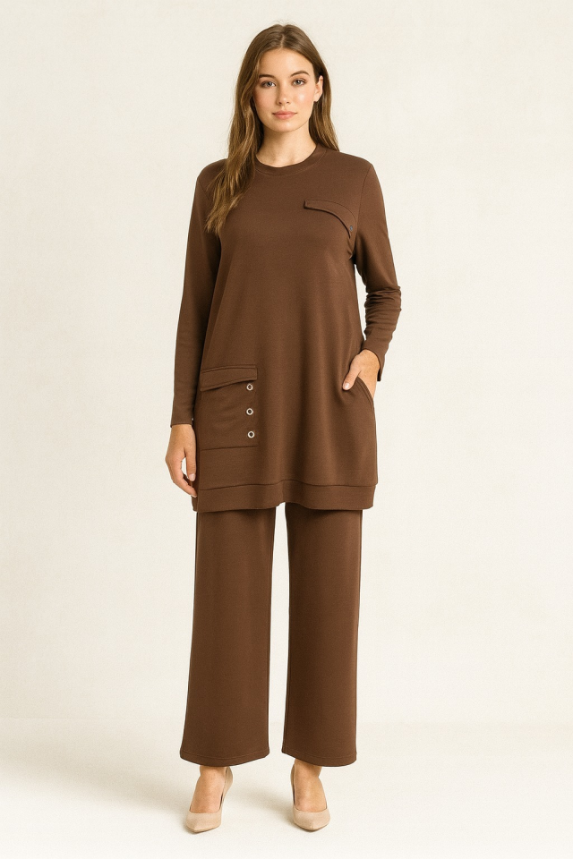 944 CEPLİ KUŞGÖZ DETAYLI PENYE İKİLİ TUNİK TAKIM #10-25#