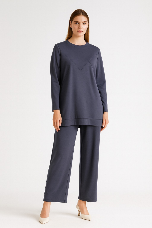 977 ÖNÜ NEVRÜRLÜ OYŞO KUMAŞ PANTOLONUN BELİ LASTİKLİ CEPLİ İKİLİ TAKIM #10-25#