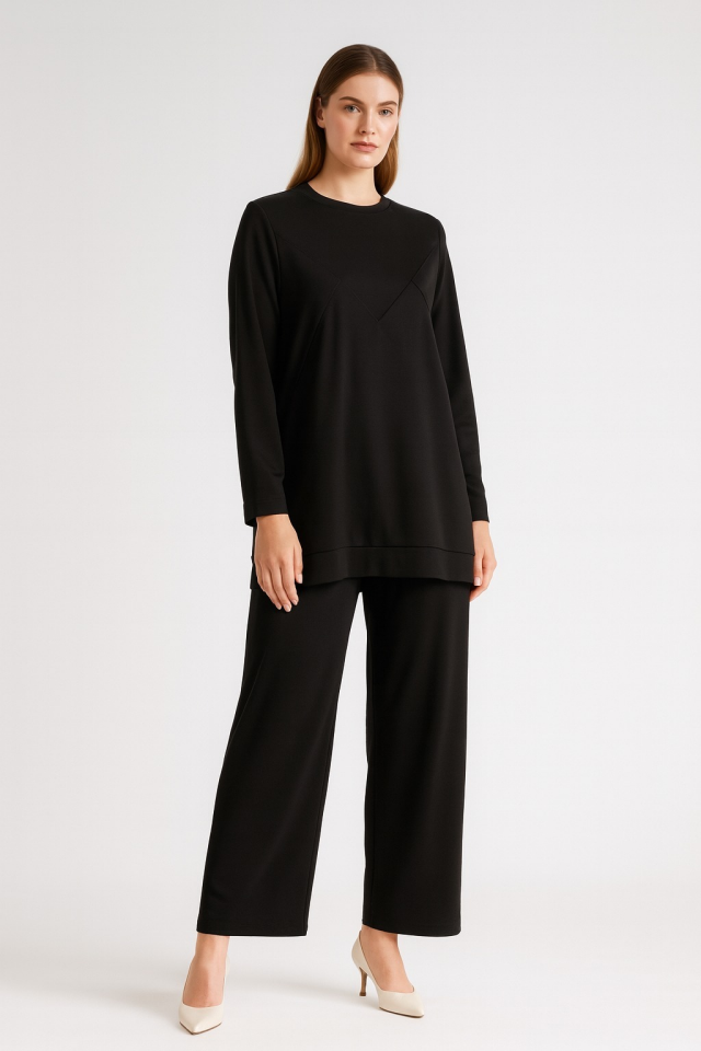 977 ÖNÜ NEVRÜRLÜ OYŞO KUMAŞ PANTOLONUN BELİ LASTİKLİ CEPLİ İKİLİ TAKIM #10-25#