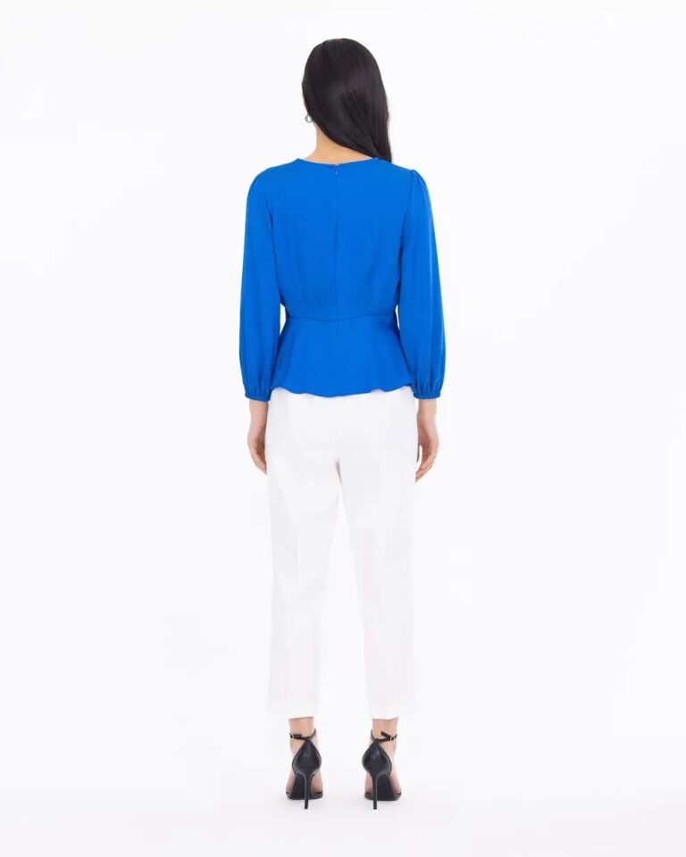 1080  ÖNDEN BAĞLAMA DETAYLI SATEN KOL UCU LASTİKLİ ŞIK BLUZ QYS BLUZ 232001080 #23-04# 40 - SAKS MAVİSİ