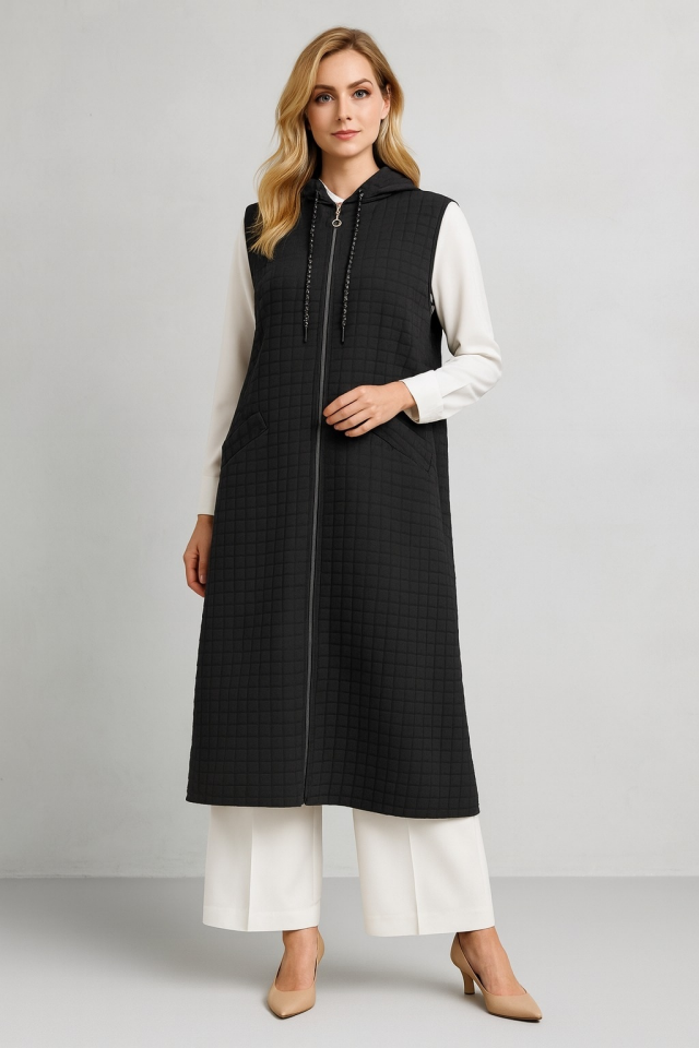 1096 KAPİŞONLU FERMUARLI ÖNÜ ZİNCİR DETAYLI KAPİTONE YELEK #10-25#