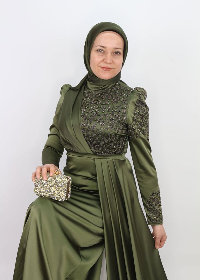 183 GÖĞSÜ OMZU VE KOLU TAŞ DETAYLI BALON KOL BELİ BELİ DEMERLİ BALIK MODEL TASARIM ABİYE QYS ABİYE ELBİSE 183 #23-09# 42 - yeşil
