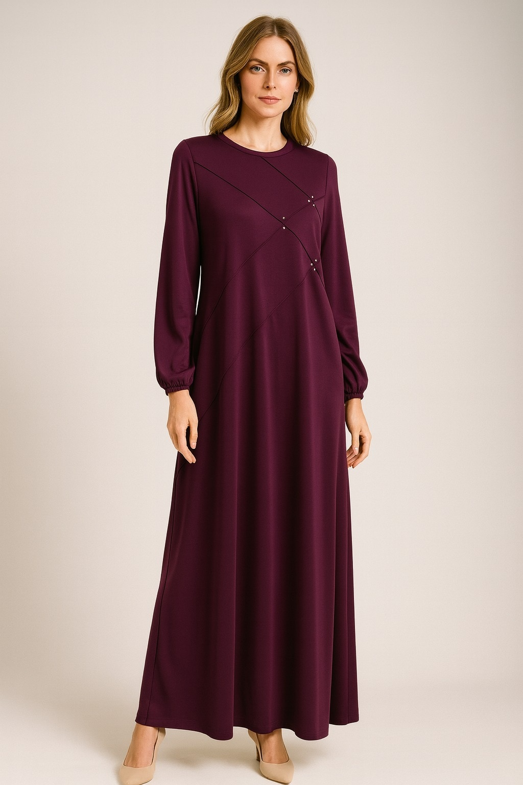 1089 NEVRÜRLÜ GÖĞSÜ BONCUK DETAYLI KOLLARI LASTİKLİ DURU ELBİSE #10-25#