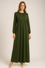 1089 NEVRÜRLÜ GÖĞSÜ BONCUK DETAYLI KOLLARI LASTİKLİ DURU ELBİSE #10-25#