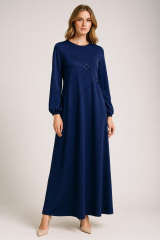 1089 NEVRÜRLÜ GÖĞSÜ BONCUK DETAYLI KOLLARI LASTİKLİ DURU ELBİSE #10-25#