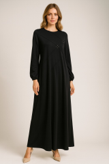 1089 NEVRÜRLÜ GÖĞSÜ BONCUK DETAYLI KOLLARI LASTİKLİ DURU ELBİSE #10-25#