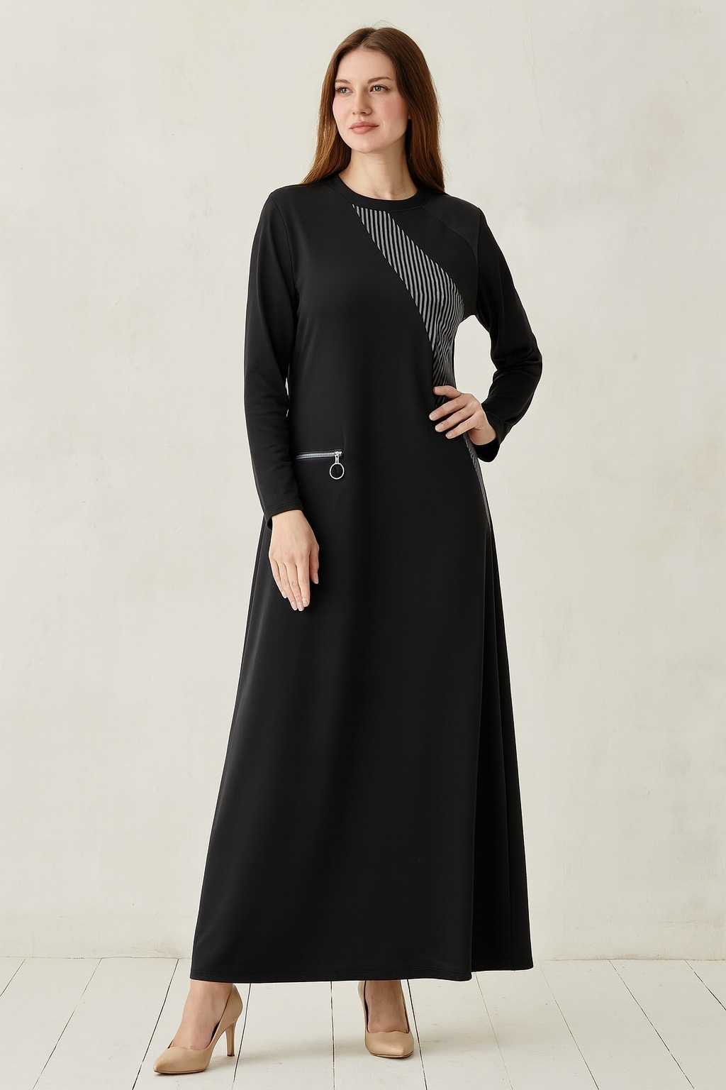 1062 KRİSTAL FERMUAR DETAYLI KOLU LASTİKLİ OMZU DERİ GÖRÜNÜMLÜ İKİ İPLİK ELBİSE #10-25#