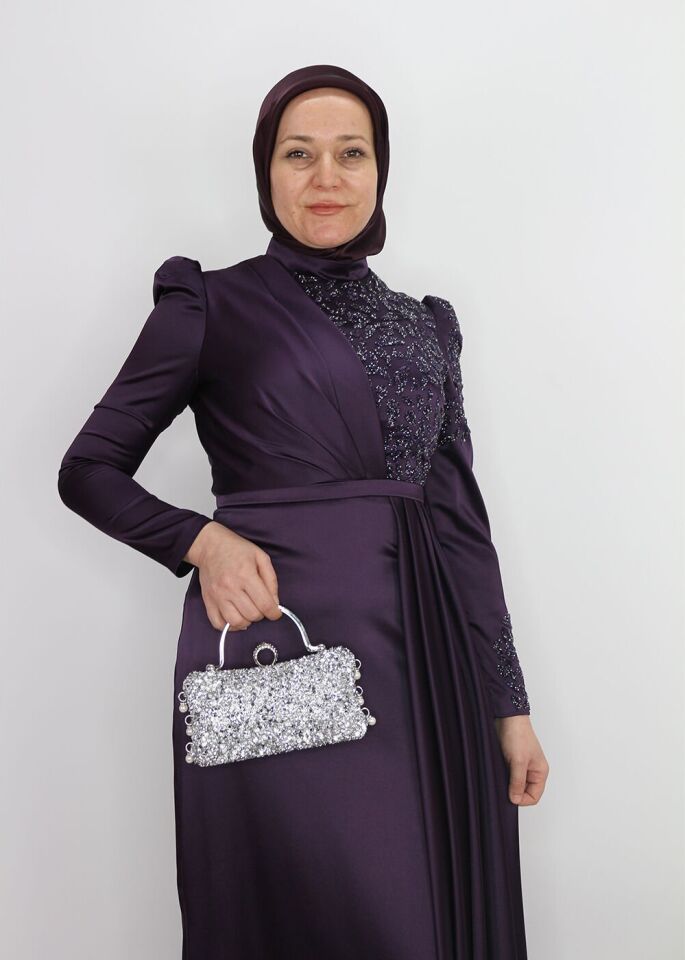 183 GÖĞSÜ OMZU VE KOLU TAŞ DETAYLI BALON KOL BELİ BELİ DEMERLİ BALIK MODEL TASARIM ABİYE QYS ABİYE ELBİSE 183 #23-09# 38 - mor