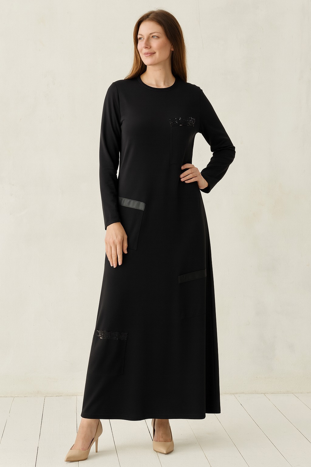 1063 OMZU PALET DETAYLI GÖĞÜS DETAYI TÜL PAYETLİ CEPLİ DERİ GÖRÜNÜMLÜ ELBİSE #10-25#