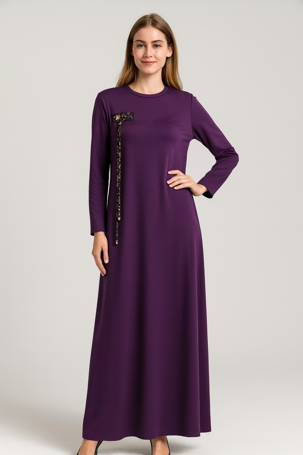 1066 GÖĞSÜ BAĞLAMALI ŞERİT GÖRÜNÜMLÜ ELBİSE #10-25#