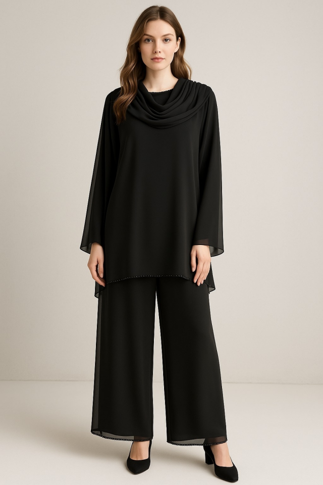 5078 YAKASI KOL UCU TAŞLI ALTI ASİMETRİK KESİM ÖNDEN DETAYLI ŞİFON ŞIK İKİLİ TAKIM #10-25#