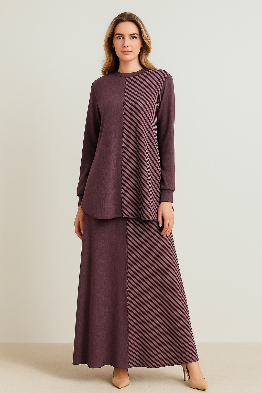 161-TE-M26K_R024 ÇİZGİLİ BAMBU MODAL TUNİK ETEK TAKIM #10-25#